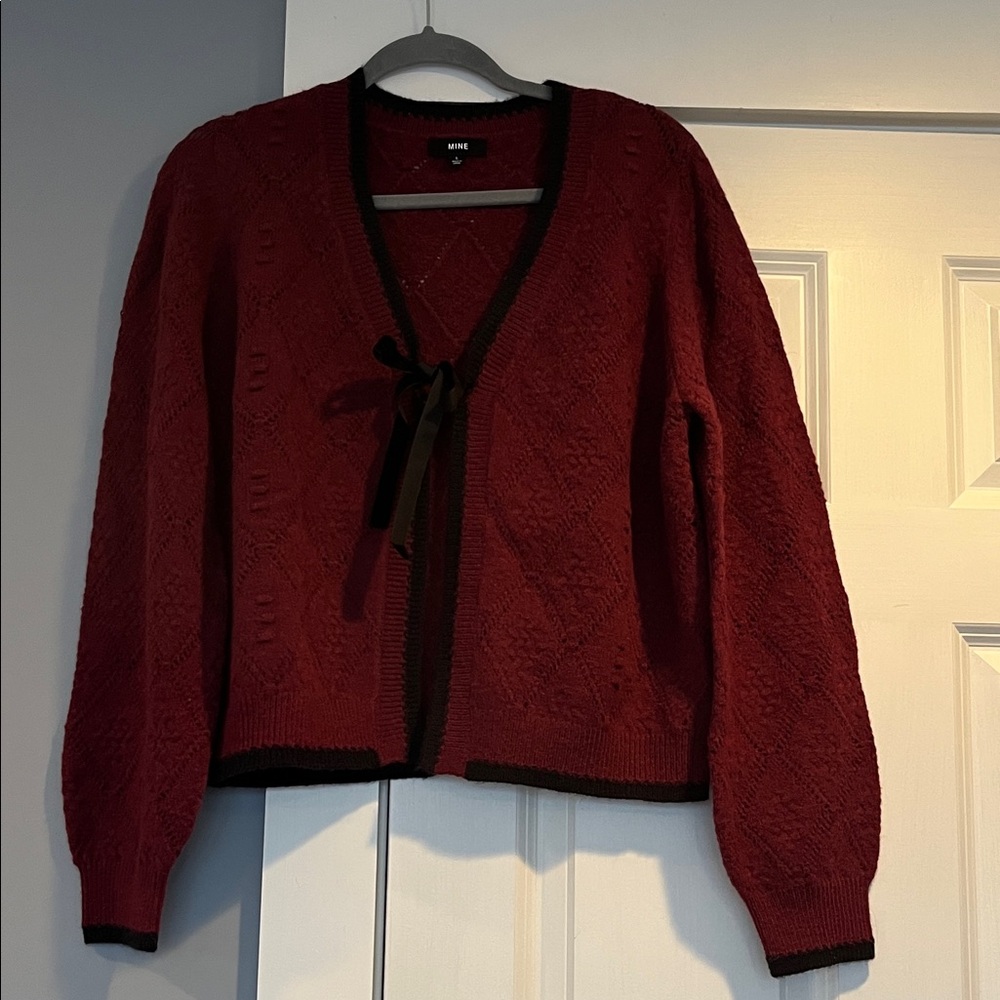MINE Burgundy Knit Cardigan with Black Trim and Tie